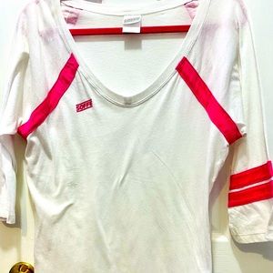 Womens Soffe large white semi sheer 3 qtr length shirt with pink stripes